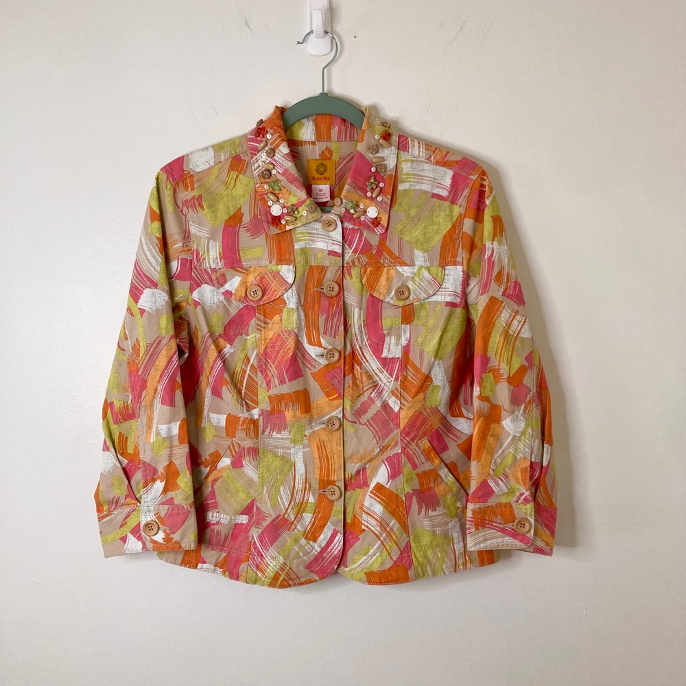 Beaded Collar Artsy Abstract Print Cotton Canvas Jacket Orange Pink Ruby Rd 10